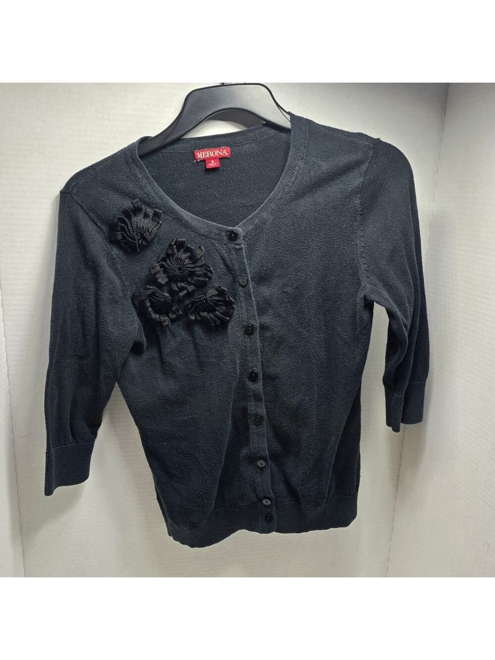 Women's MERONA Black Cardigan with Floral Applique Size S